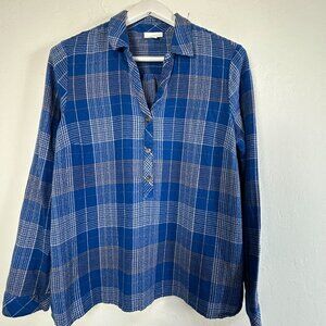 J.Jill Womens Blue Plaid Long-Sleeve Button Henley Shirt Blouse Large Casual